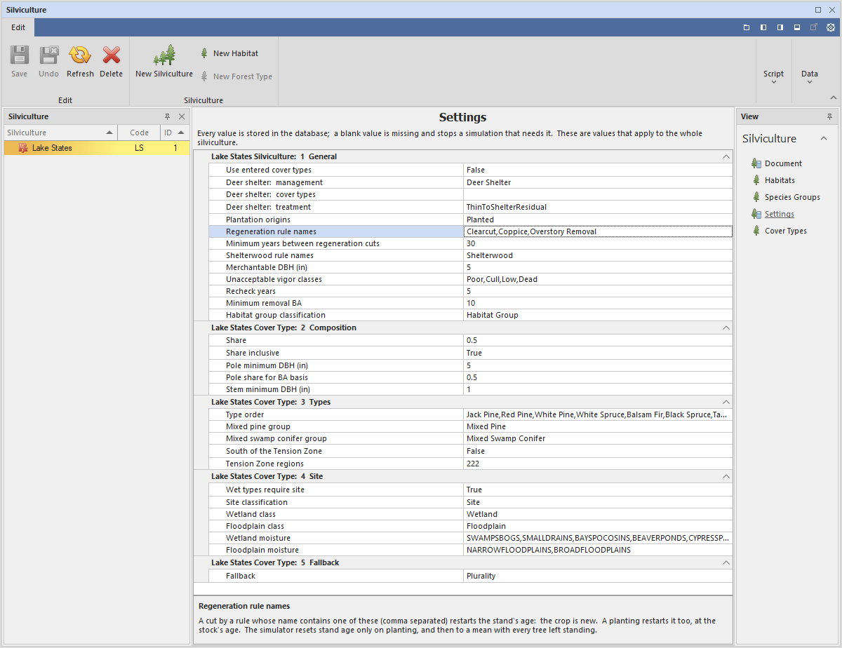 The Settings view of the Silviculture Editor, with the values of the Wisconsin Silviculture Guide.