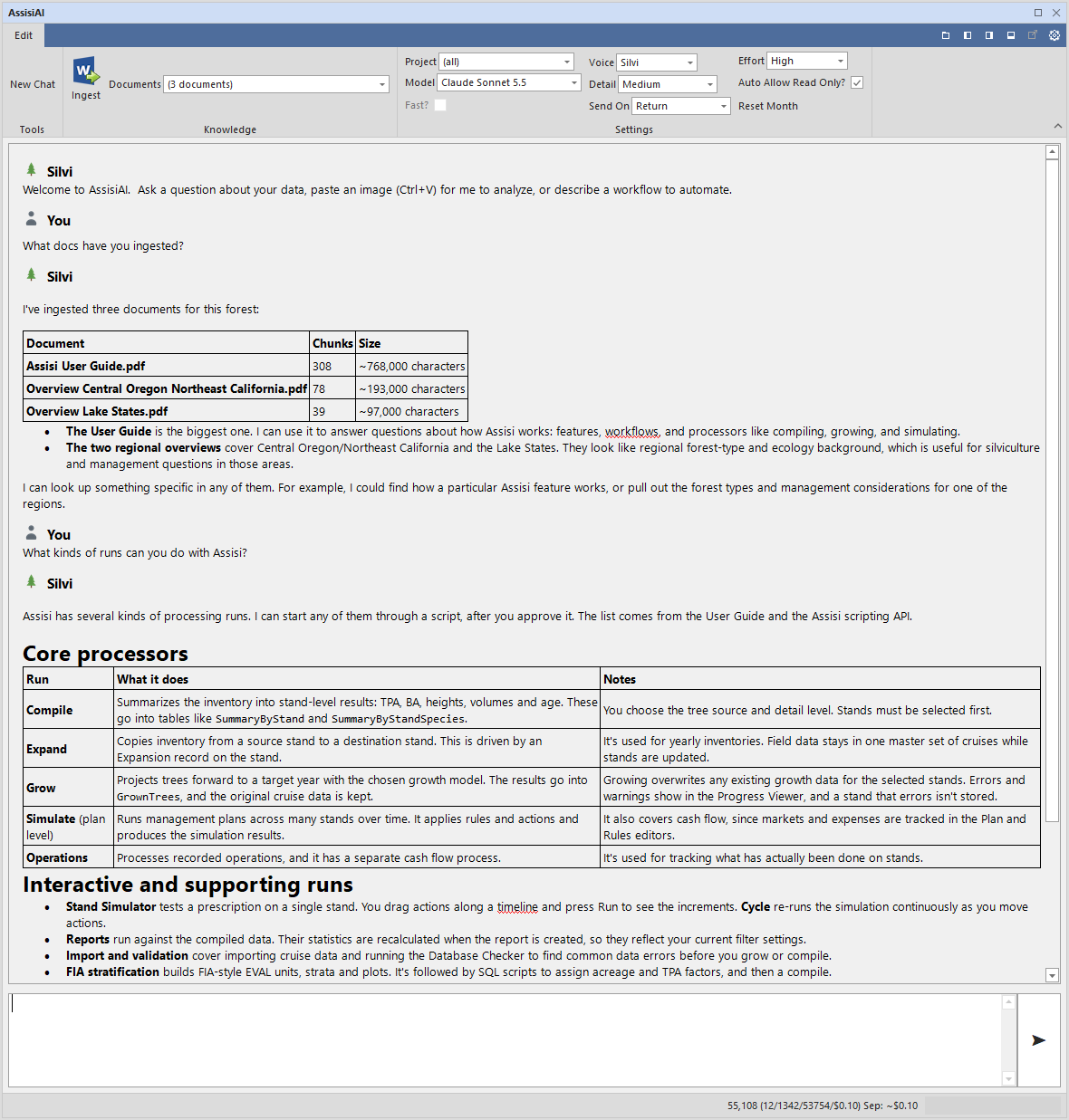 The Assisi AI window showing Silvi answering two questions.