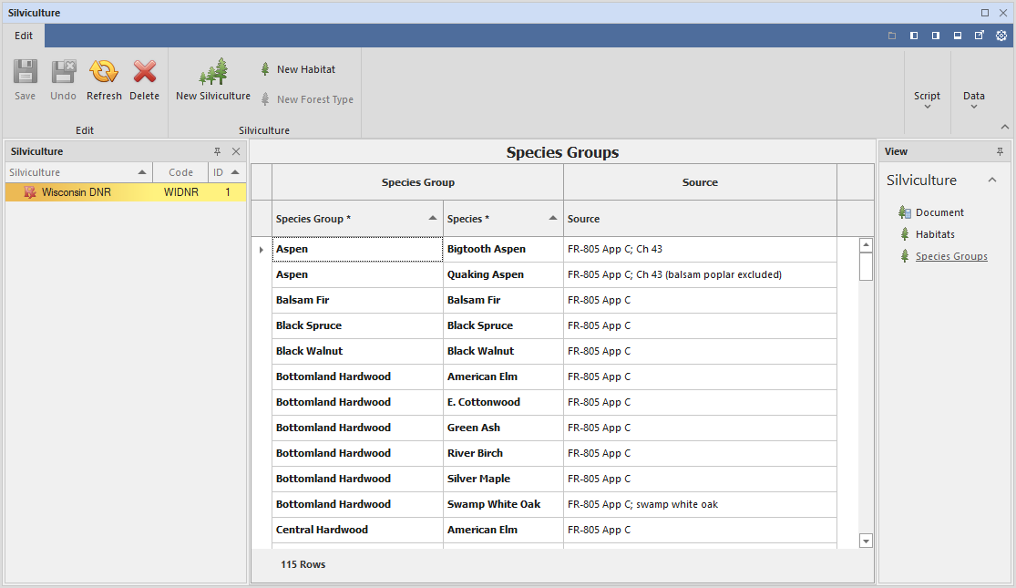 Cover type species groups in the Silviculture Editor. Each row cites its source in the guide, such as Appendix C or a cover-type chapter.