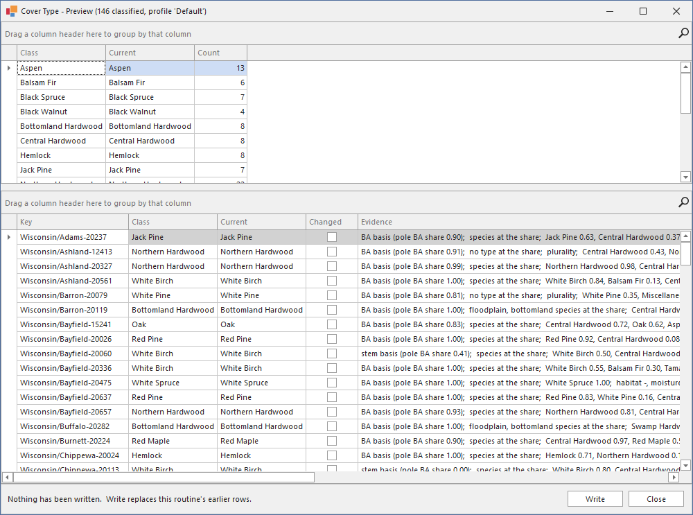The cover type definitions applied from the Lake States tab. Each stand's proposed cover type and the basis for it are shown before any value is written.