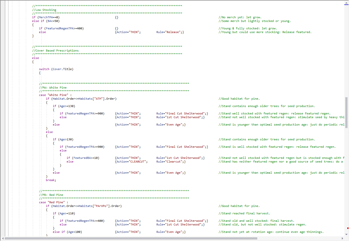 A trigger written as a C# script: white pine and red pine prescriptions expressed in terms of cover type, Kotar habitat type (ATM, PArVPo), stand age and featured-species regeneration.