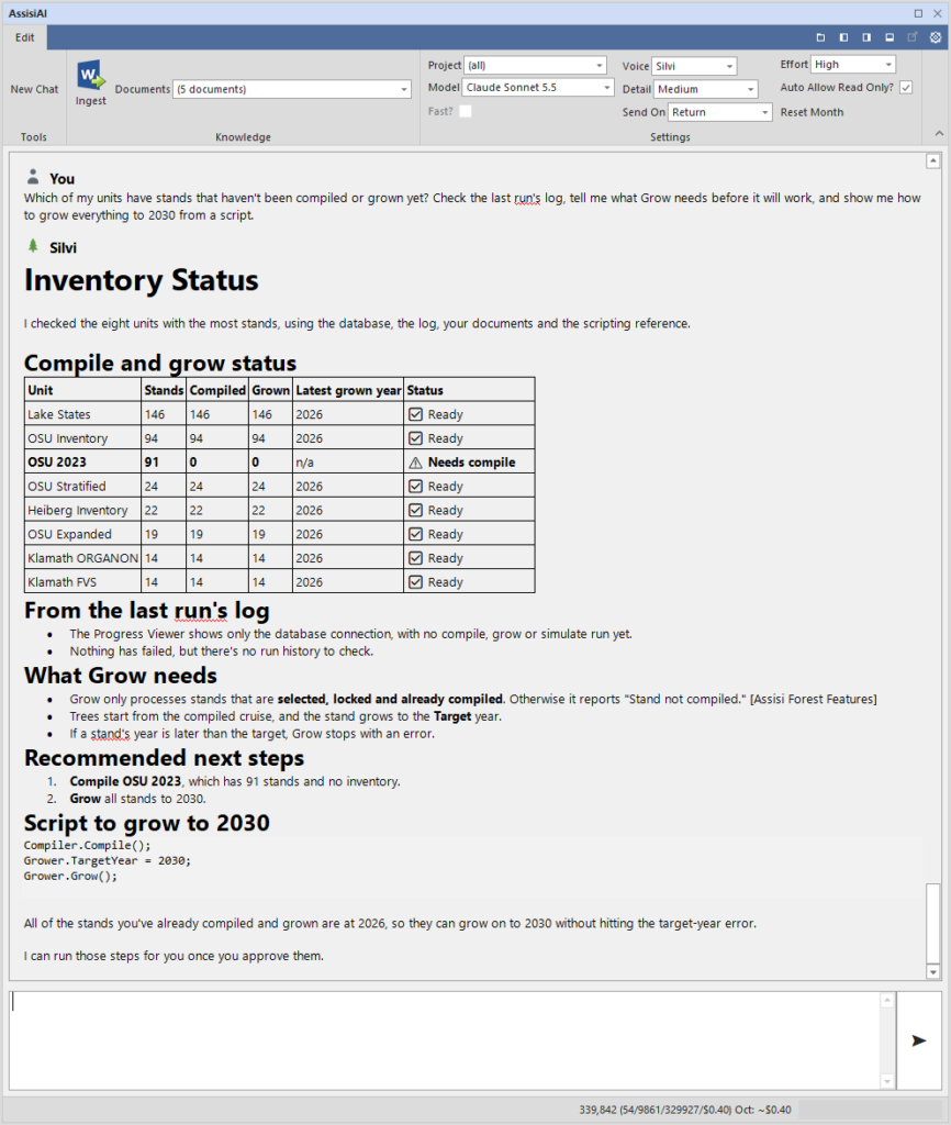 One question answered from the database, the Progress Viewer log, the loaded documents and the scripting reference: the compile and grow status of each unit, what Grow requires, and a script to grow to 2030.