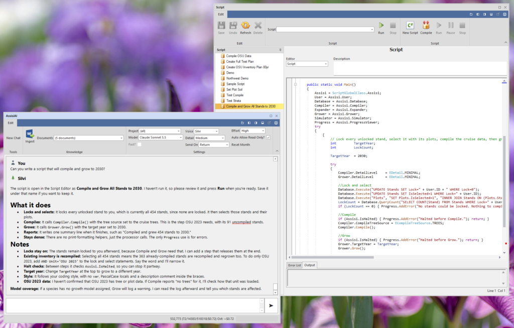 Assisi AI writes a compile-and-grow script into the Script Editor, where the user reviews, saves and runs it.