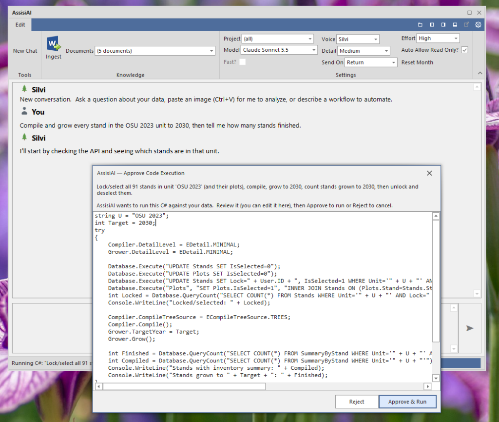 Before C# runs against the database, the code is shown in full in an approval dialog, where it can be edited, approved or rejected.